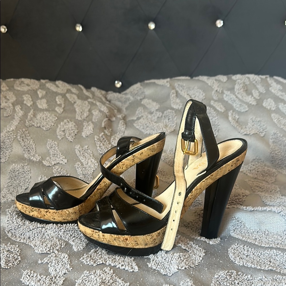Prada Black and Cream Block Heel Sandals